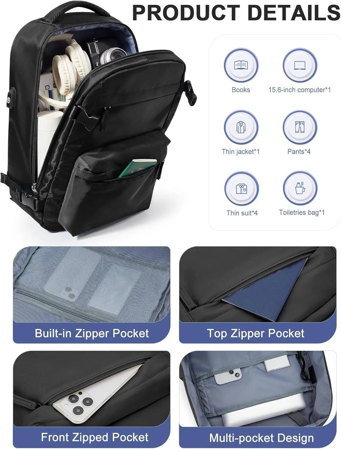 Simple Travel Backpack For Women Men,Laptop Travel Backpack Carry on Flight Approved,Frontier Airlines Personal Item Travel Bag,Waterproof luggage backpack,Mochila de Viaje(Black)
