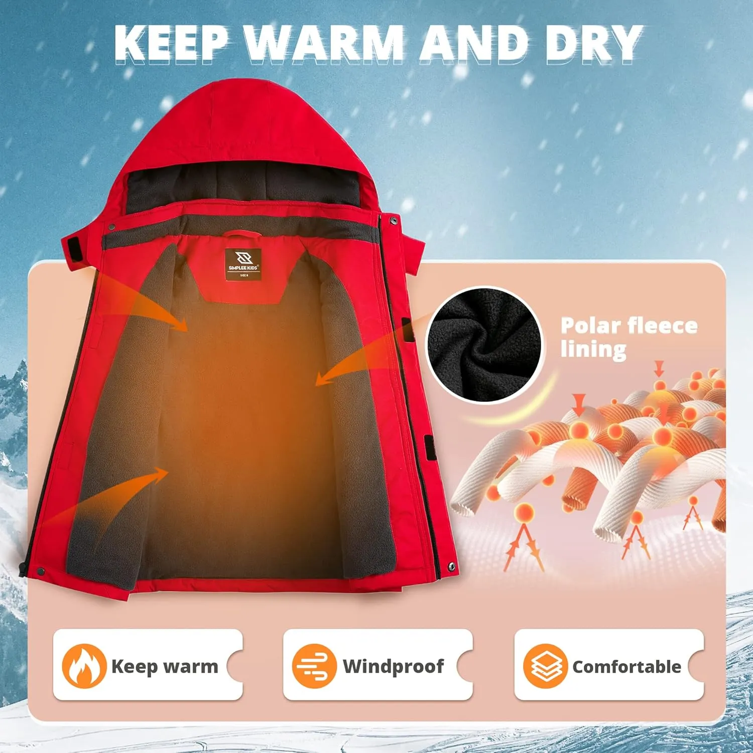 Simplee kids Boy Winter Coat Waterproof Ski Jacket Fleece Hooded Snow Warm Padded Raincoats