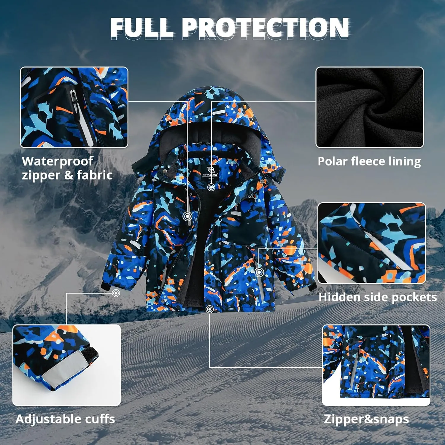Simplee kids Boy Winter Coat Waterproof Ski Jacket Fleece Hooded Snow Warm Padded Raincoats