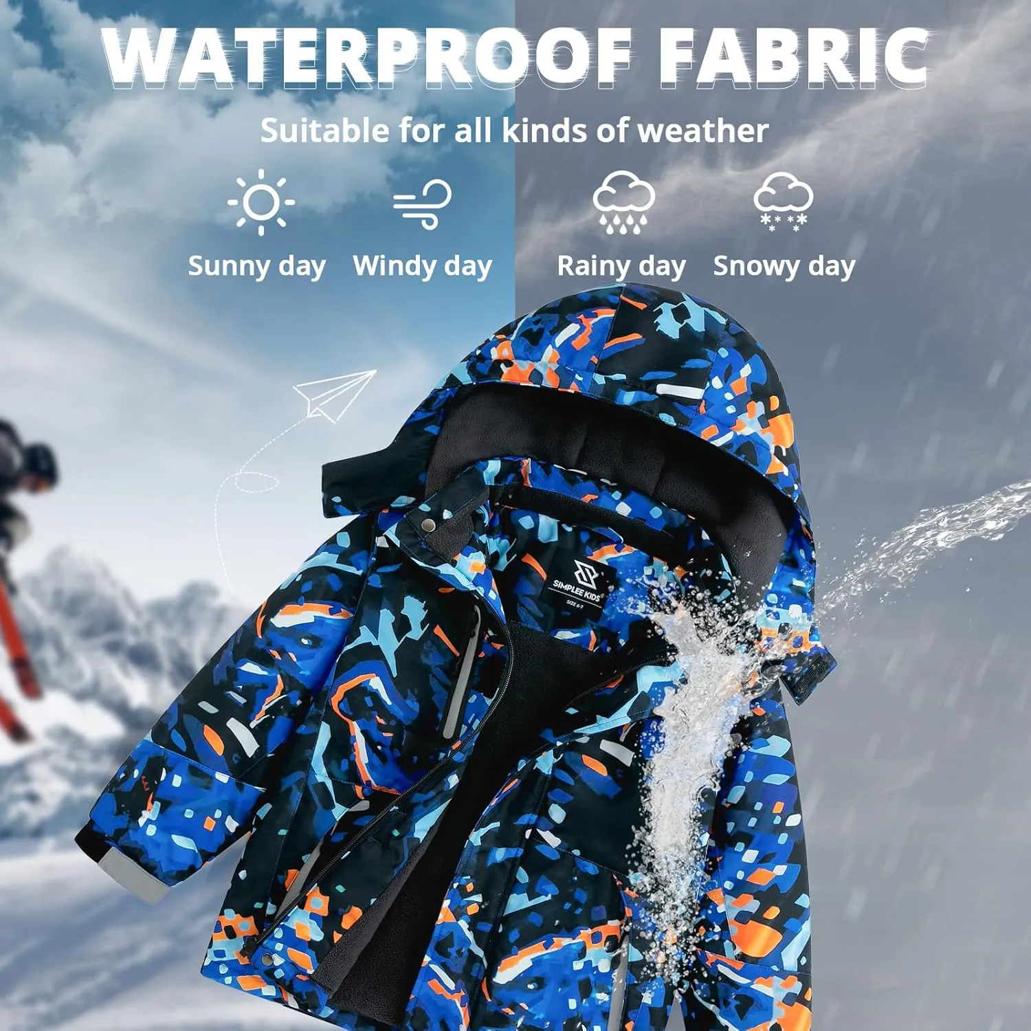 Simplee kids Boy Winter Coat Waterproof Ski Jacket Fleece Hooded Snow Warm Padded Raincoats