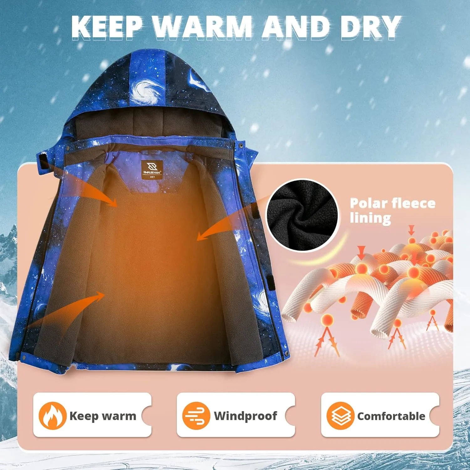 Simplee kids Boy Winter Coat Waterproof Ski Jacket Fleece Hooded Snow Warm Padded Raincoats