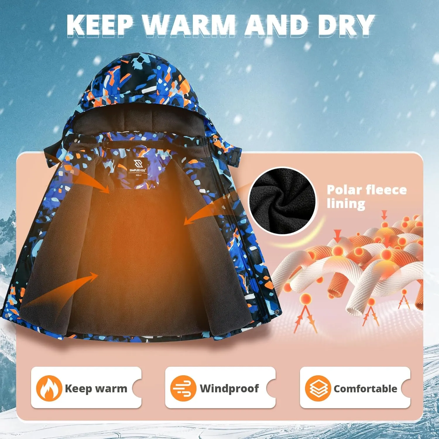 Simplee kids Boy Winter Coat Waterproof Ski Jacket Fleece Hooded Snow Warm Padded Raincoats