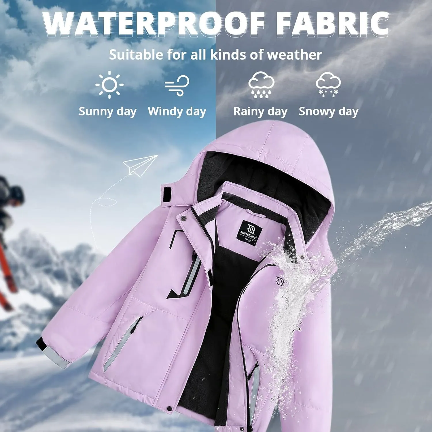 Simplee kids Girls Waterproof Ski Snow Jacket Fleece Raincoat Colorful Winter Coat Warm Hooded