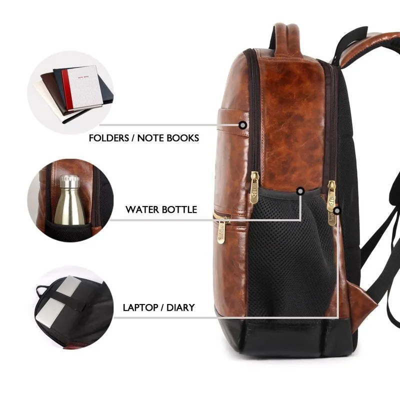 Single: Faux Leather Laptop Backpack with USB Port & Organizer | Adjustable Straps | 28L | Chestnut Brown
