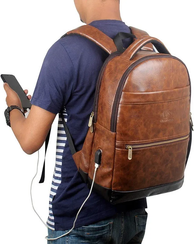 Single: Faux Leather Laptop Backpack with USB Port & Organizer | Adjustable Straps | 28L | Chestnut Brown