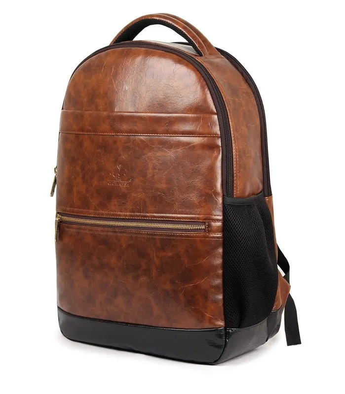 Single: Faux Leather Laptop Backpack with USB Port & Organizer | Adjustable Straps | 28L | Chestnut Brown