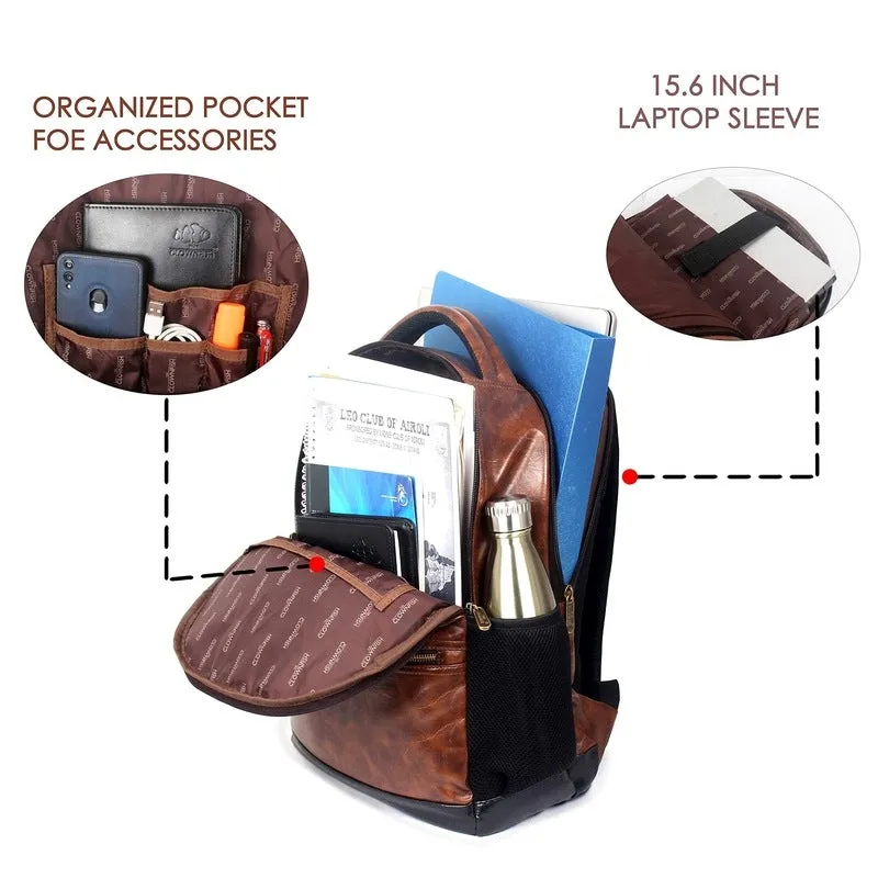 Single: Faux Leather Laptop Backpack with USB Port & Organizer | Adjustable Straps | 28L | Chestnut Brown