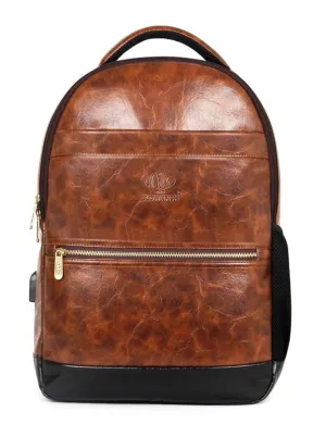 Single: Faux Leather Laptop Backpack with USB Port & Organizer | Adjustable Straps | 28L | Chestnut Brown