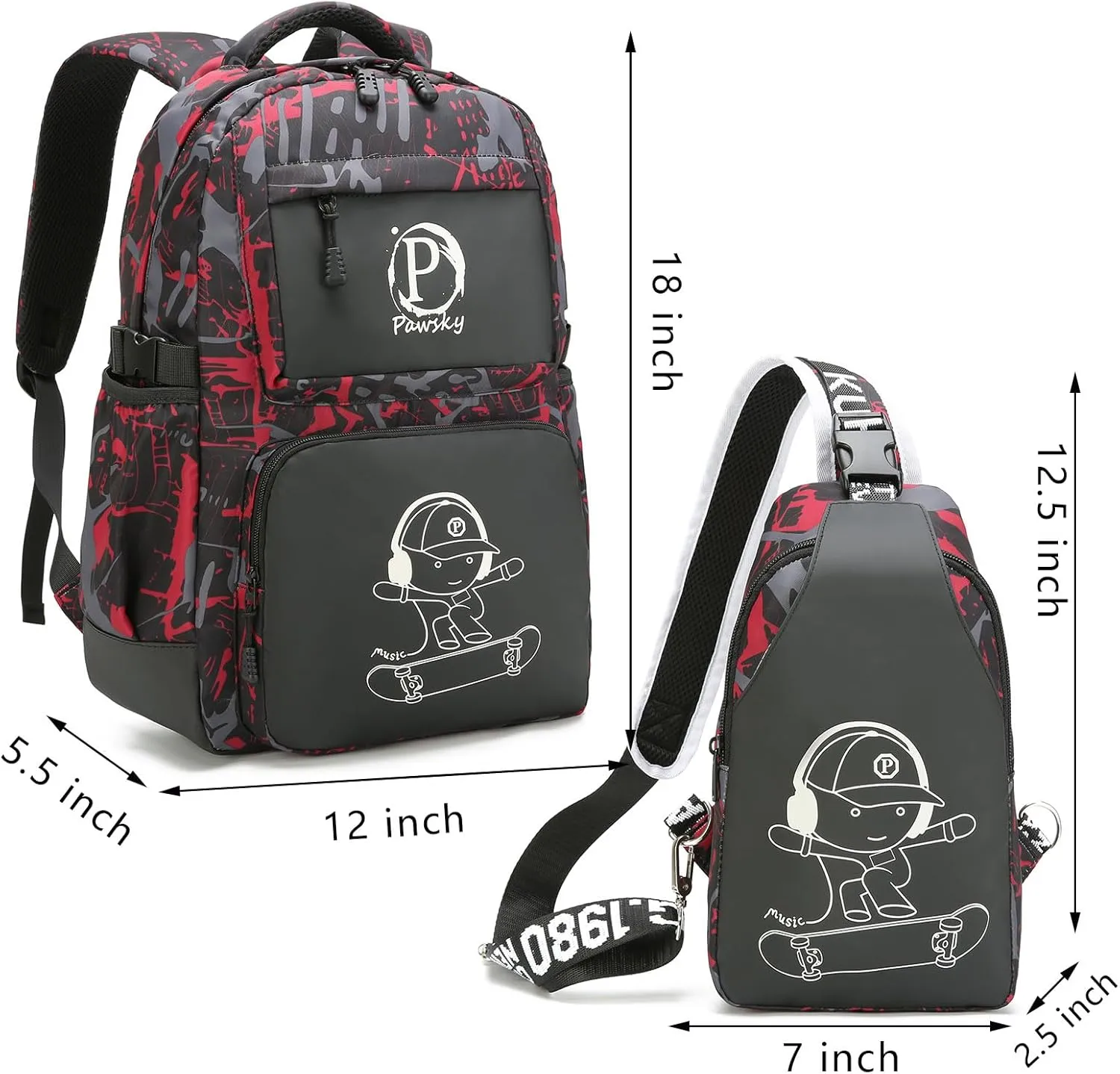 Skateboard Anime Luminous Backpack School Backpack with USB Charging Port for Teen Boys, College School Bookbag Lightweight Laptop Bag with Sling Bag Set, Red