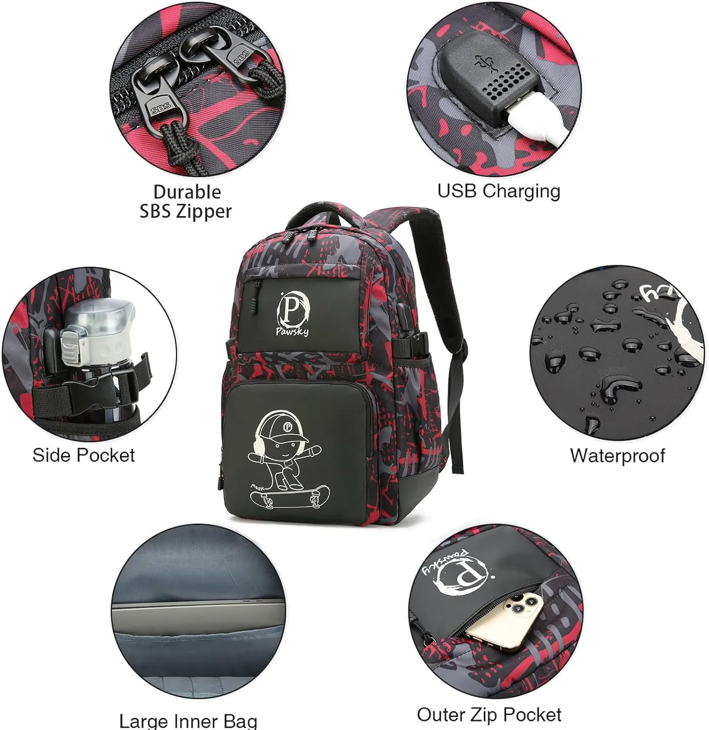 Skateboard Anime Luminous Backpack School Backpack with USB Charging Port for Teen Boys, College School Bookbag Lightweight Laptop Bag with Sling Bag Set, Red