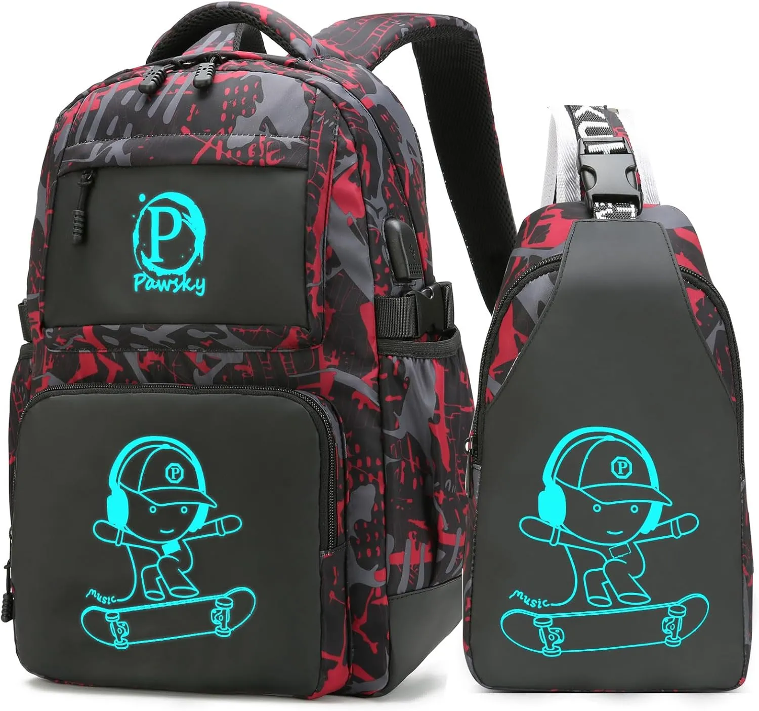 Skateboard Anime Luminous Backpack School Backpack with USB Charging Port for Teen Boys, College School Bookbag Lightweight Laptop Bag with Sling Bag Set, Red
