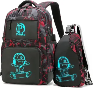 Skateboard Anime Luminous Backpack School Backpack with USB Charging Port for Teen Boys, College School Bookbag Lightweight Laptop Bag with Sling Bag Set, Red
