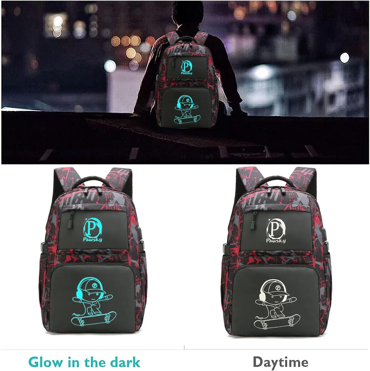 Skateboard Anime Luminous Backpack School Backpack with USB Charging Port for Teen Boys, College School Bookbag Lightweight Laptop Bag with Sling Bag Set, Red