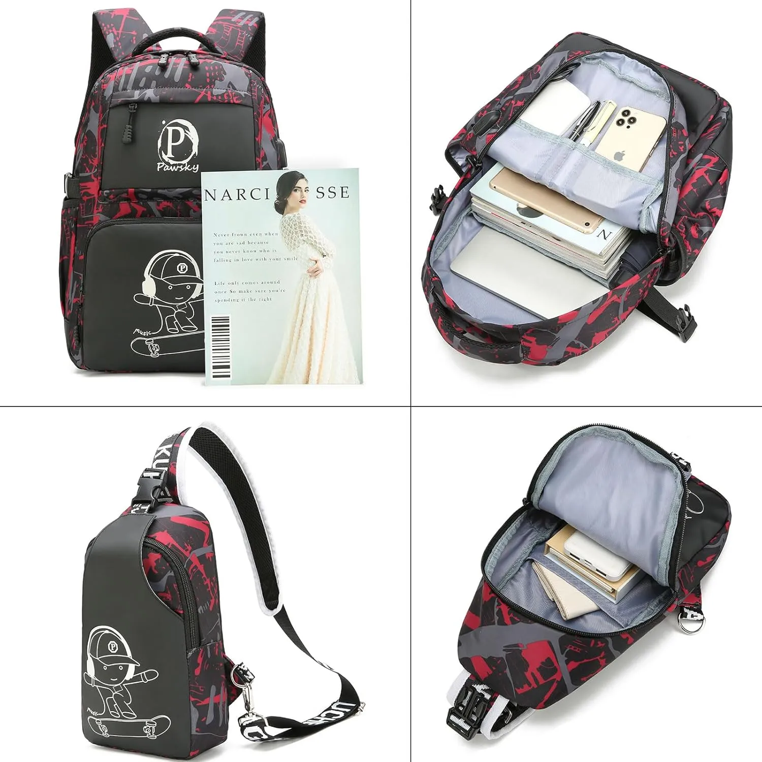 Skateboard Anime Luminous Backpack School Backpack with USB Charging Port for Teen Boys, College School Bookbag Lightweight Laptop Bag with Sling Bag Set, Red