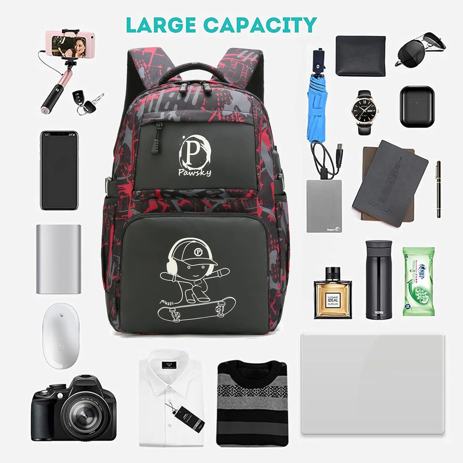 Skateboard Anime Luminous Backpack School Backpack with USB Charging Port for Teen Boys, College School Bookbag Lightweight Laptop Bag with Sling Bag Set, Red