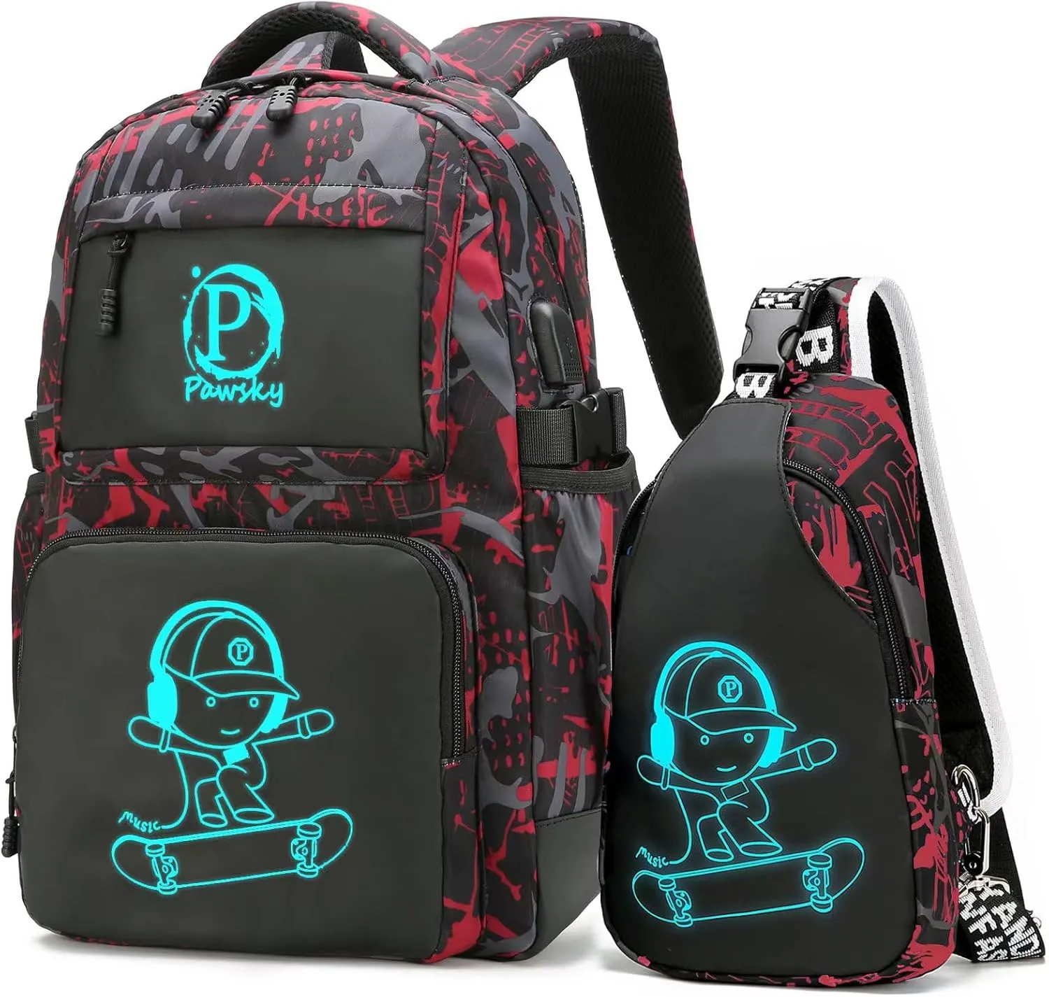 Skateboard Anime Luminous Backpack School Backpack with USB Charging Port for Teen Boys, College School Bookbag Lightweight Laptop Bag with Sling Bag Set, Red