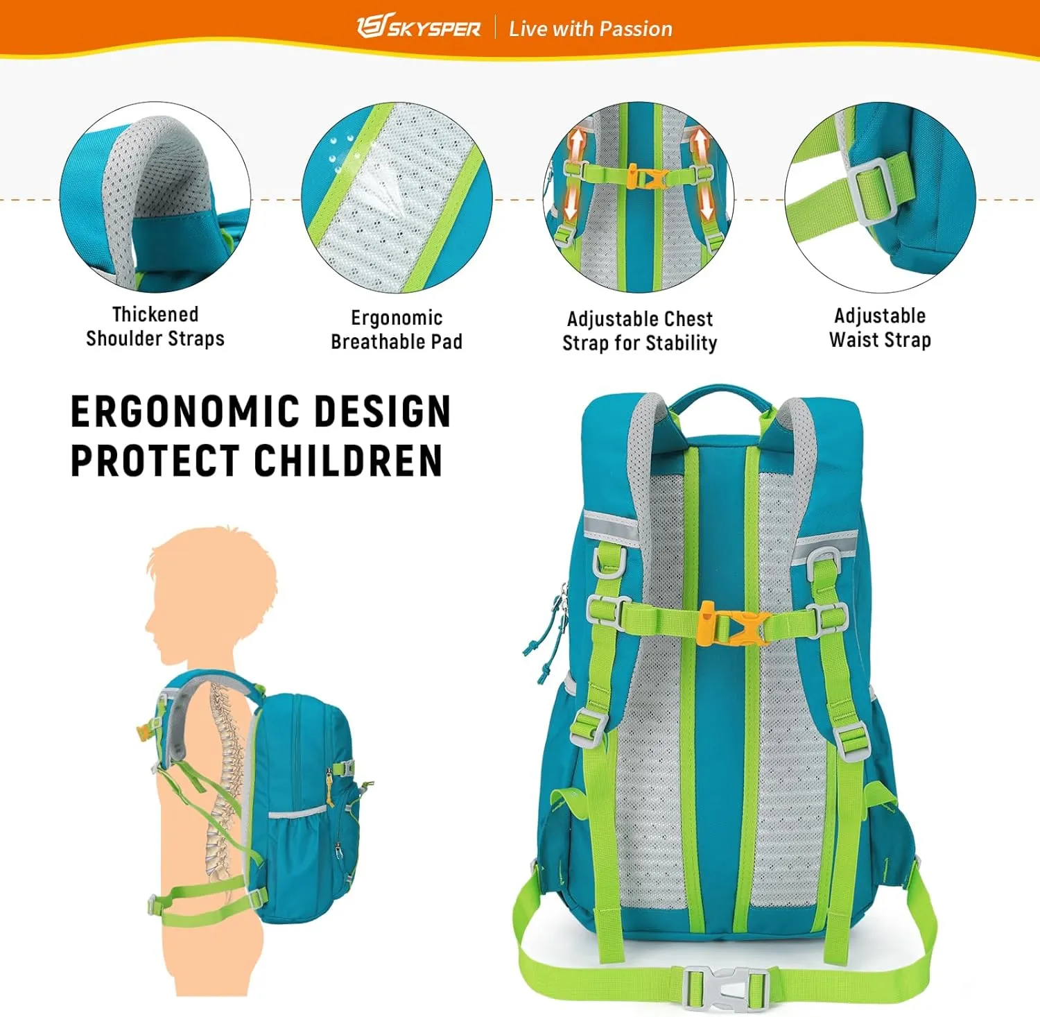 SKYSPER Kids Backpack - 15L Travel Backpacking Small Age 4-6 Ergonomical Design Multi-compartment Breathable Day Pack Preschool Kindergarten Bag