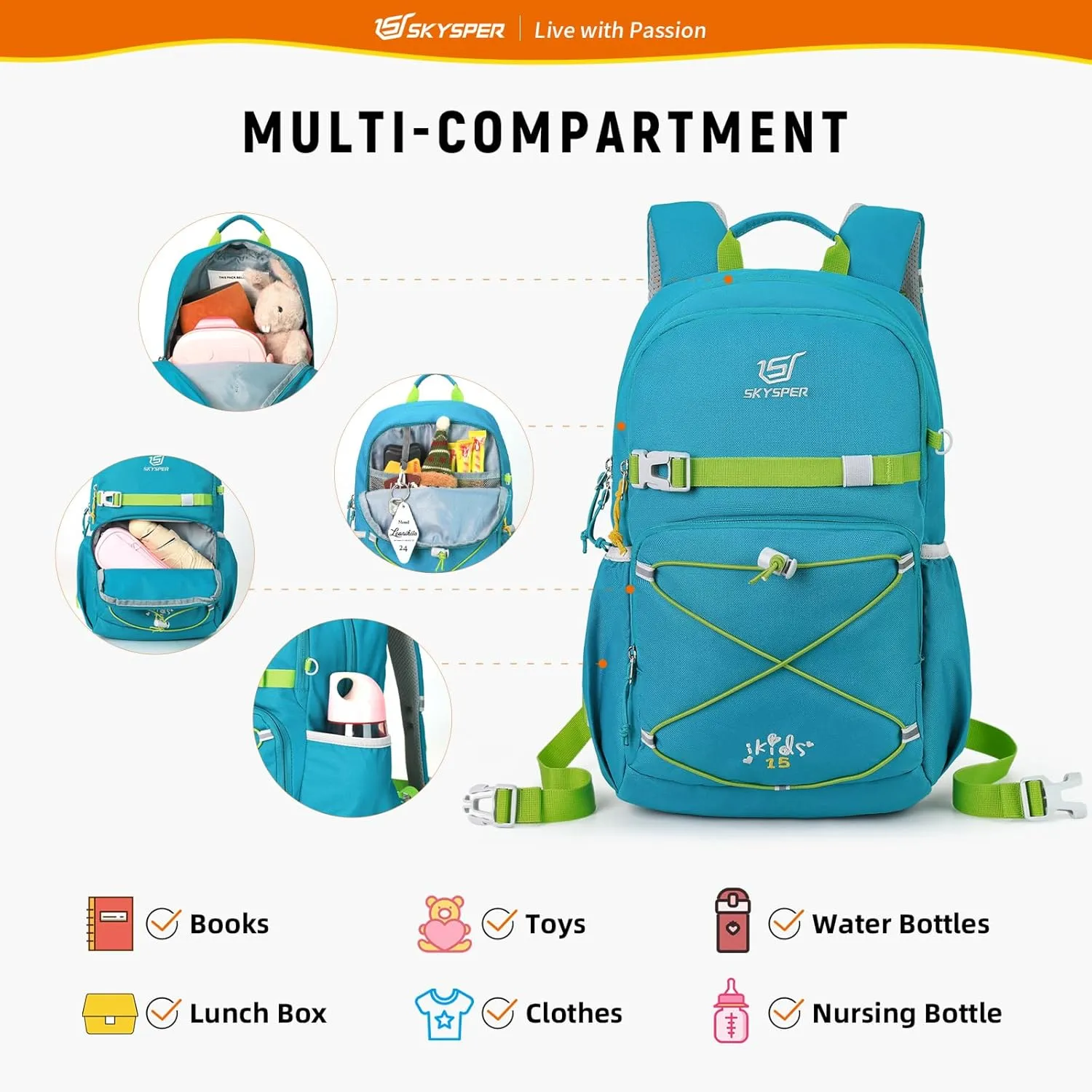 SKYSPER Kids Backpack - 15L Travel Backpacking Small Age 4-6 Ergonomical Design Multi-compartment Breathable Day Pack Preschool Kindergarten Bag