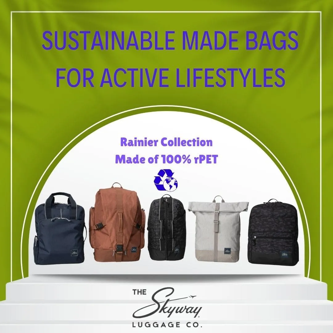 Skyway Luggage Rainier Compact Duffel Backpack, Eco-Friendly, Made of 100% rPET Travel Laptop Bag for Women & Men, Flight Approved Carry On Bag, 30L, Kohala Black