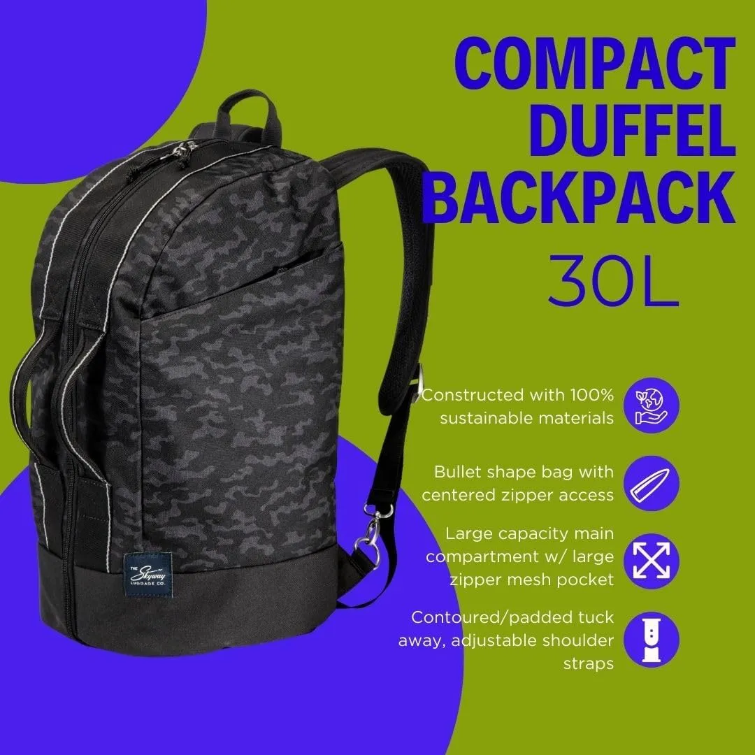 Skyway Luggage Rainier Compact Duffel Backpack, Eco-Friendly, Made of 100% rPET Travel Laptop Bag for Women & Men, Flight Approved Carry On Bag, 30L, Kohala Black