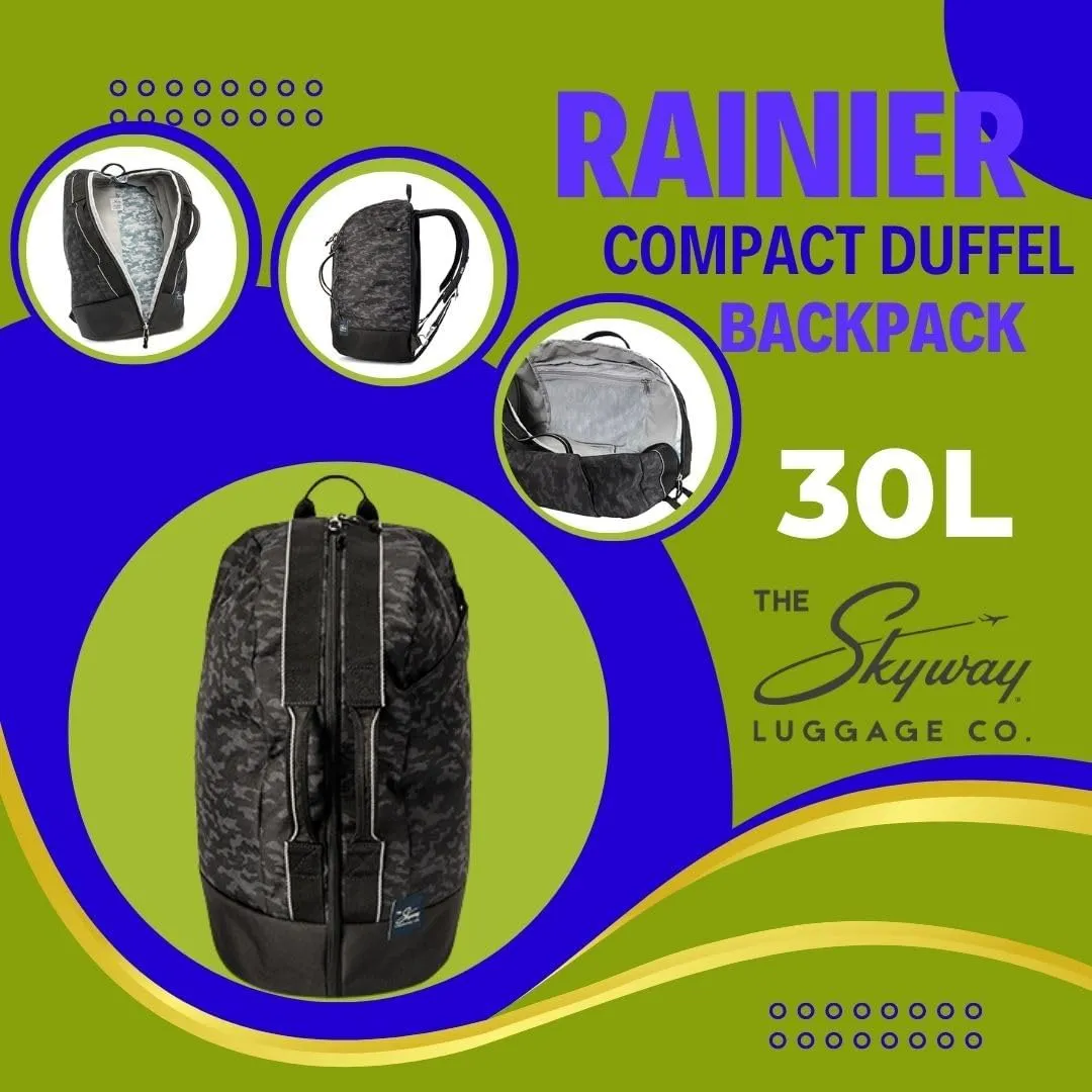 Skyway Luggage Rainier Compact Duffel Backpack, Eco-Friendly, Made of 100% rPET Travel Laptop Bag for Women & Men, Flight Approved Carry On Bag, 30L, Kohala Black
