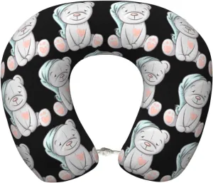 Sleepy Cute Cartoon Bear in The Cap Neck Pillow Memory Foam U-Shaped Travel Neck Pillow for Airplanes Car Home