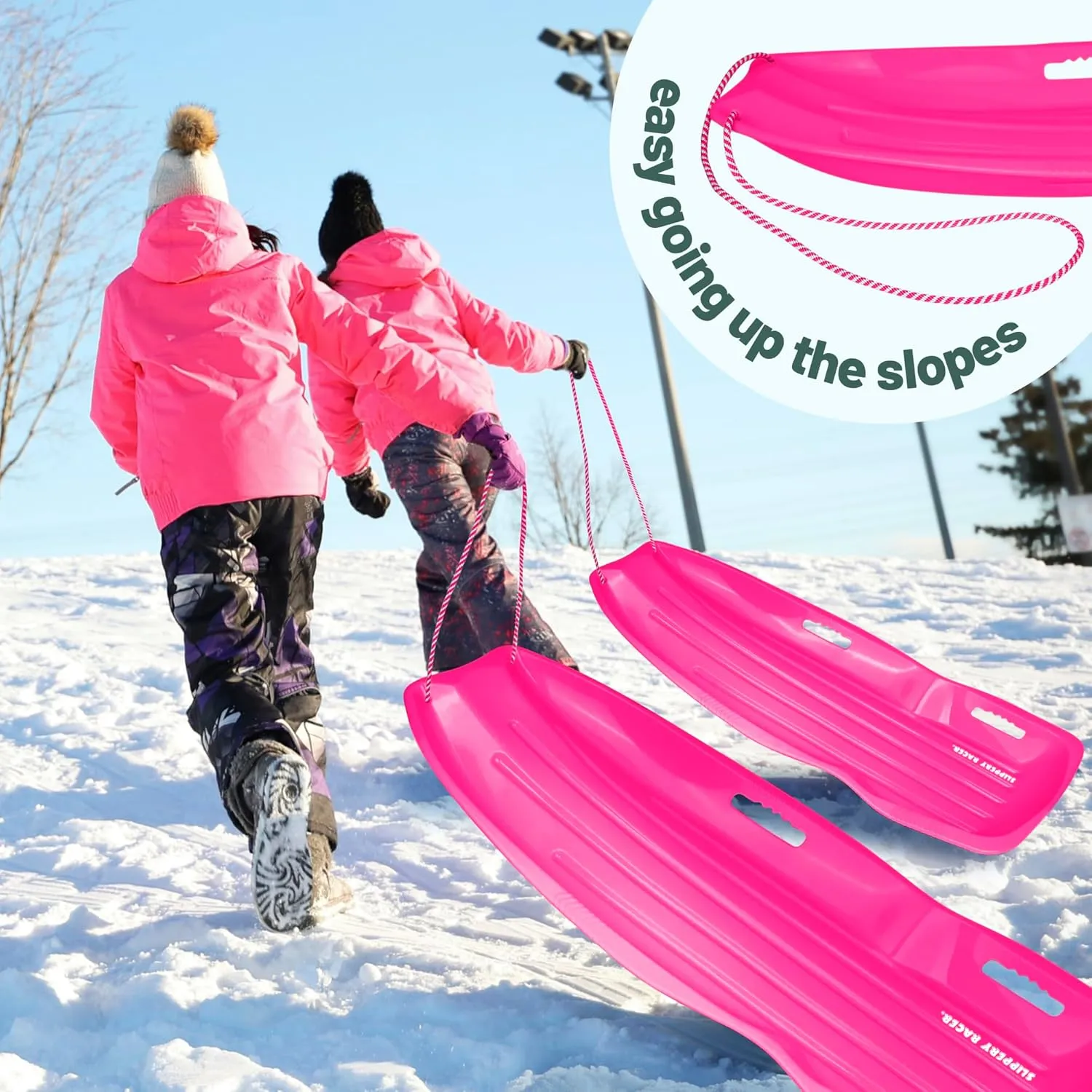 Slippery Racer Downhill Xtreme Flexible Adults and Kids Plastic Toboggan Snow Sled for up to 2 Riders with Pull Rope and Handles.