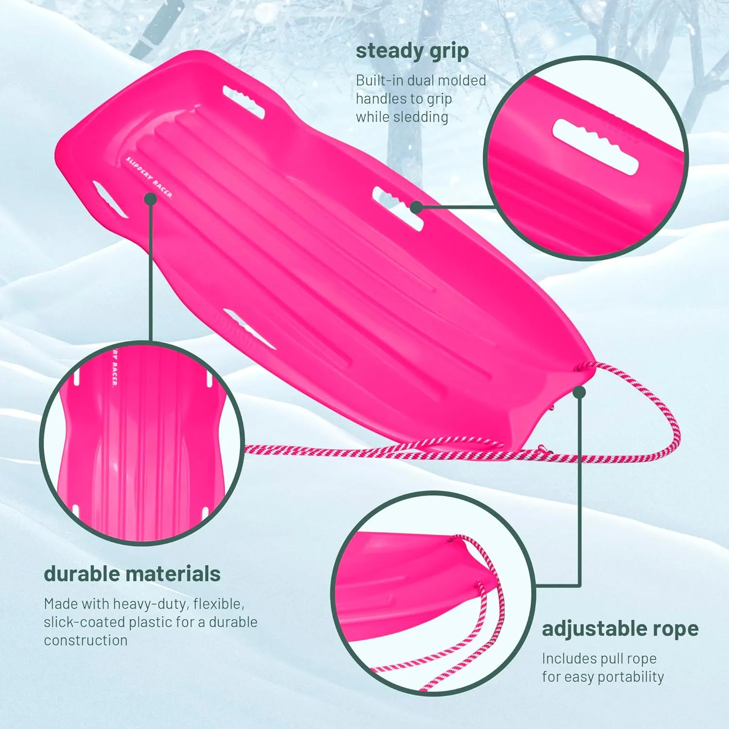 Slippery Racer Downhill Xtreme Flexible Adults and Kids Plastic Toboggan Snow Sled for up to 2 Riders with Pull Rope and Handles.