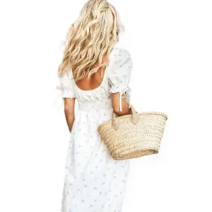 Small French Basket Bag with Leather Handles - Mini Woven Straw Tote for Women, Chic Boho Handbag, Stylish Beach Purse, Compact Eco-Friendly Market Basket (Brown handles)