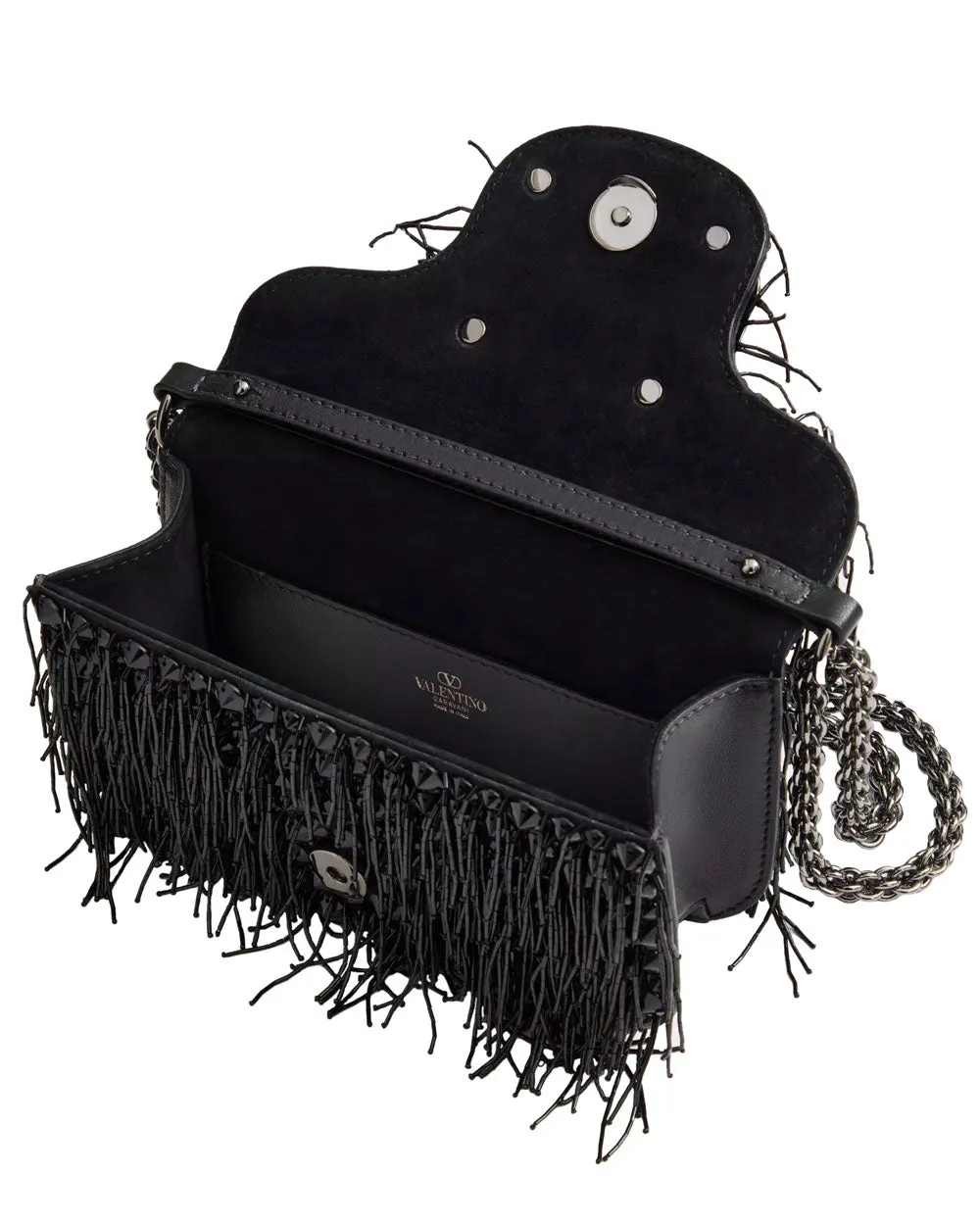 Small Loco Fringe Embroidered Shoulder Bag in Nero Jet