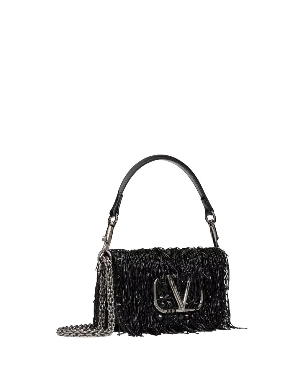Small Loco Fringe Embroidered Shoulder Bag in Nero Jet