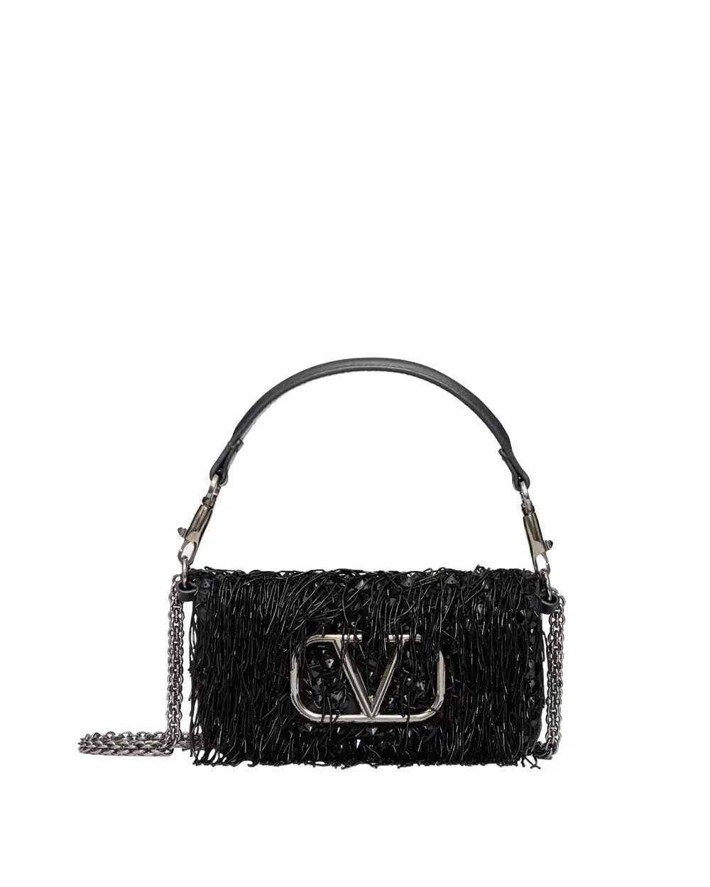 Small Loco Fringe Embroidered Shoulder Bag in Nero Jet