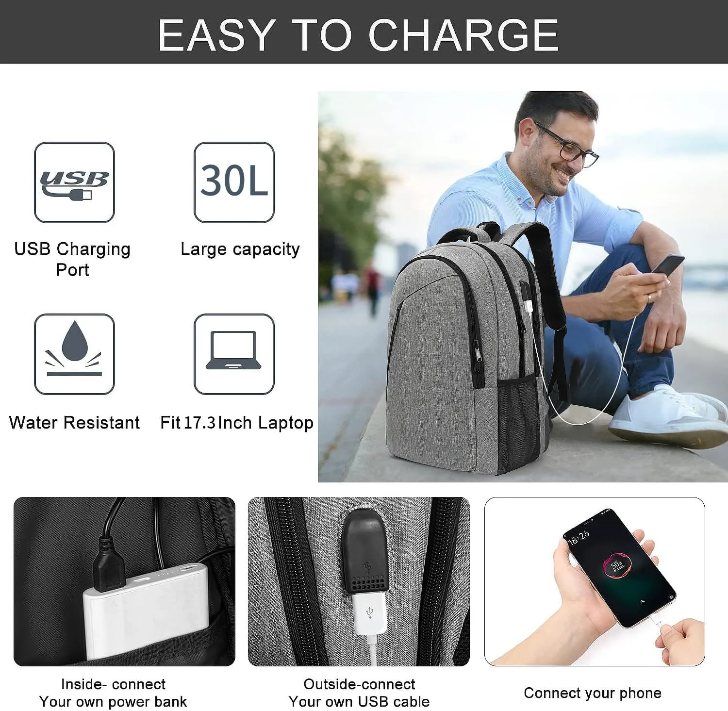 SMONT Laptop Work Business Computer Backpack for Men, 17" Mens Tech Commuter Office Bookbag Adult Lightgrey