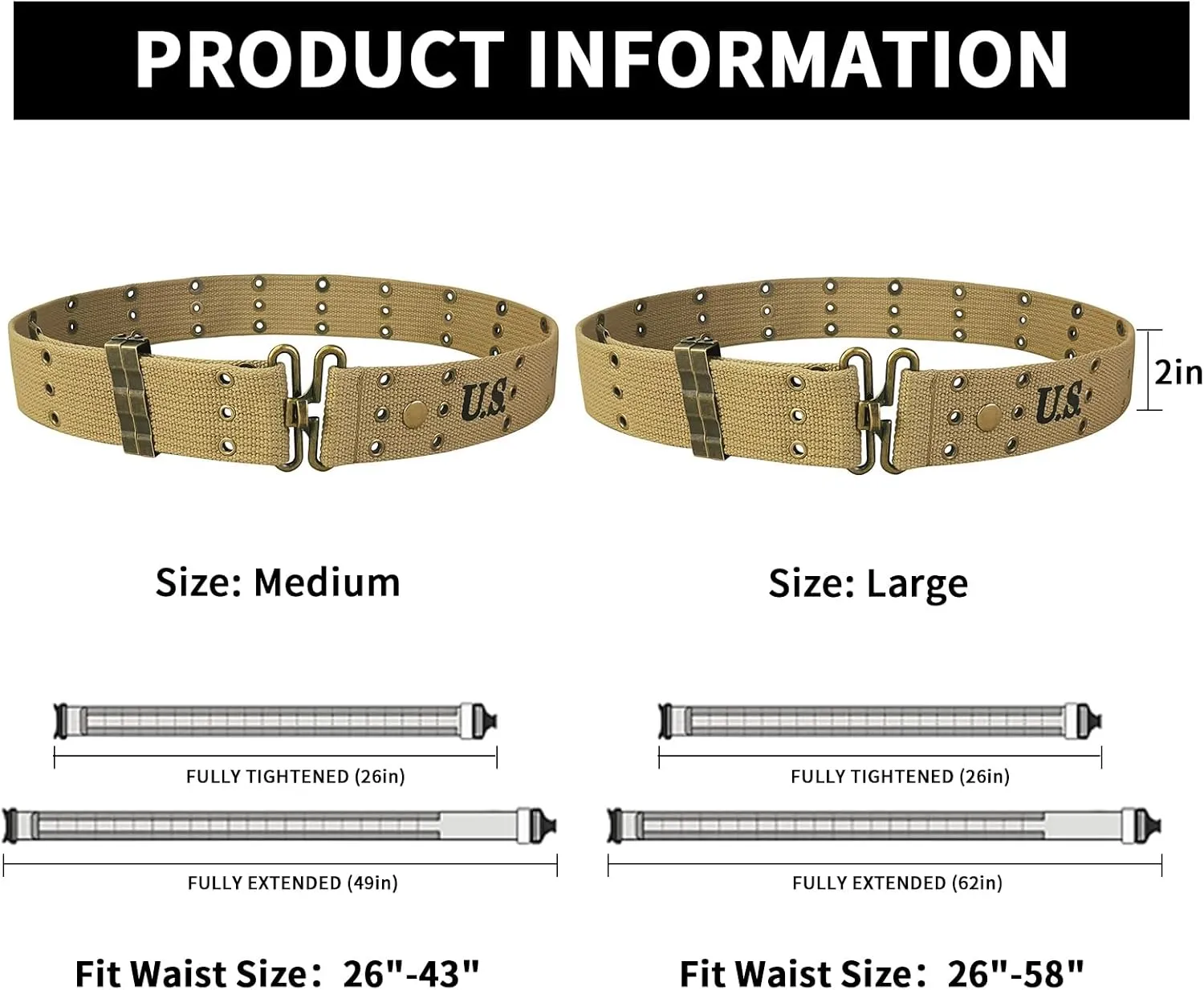 SMONT WW2 US Army M36 Pistol Battle Tactical Military Hunting Belt, 2" Wide WWII M1936 Webbing Belt