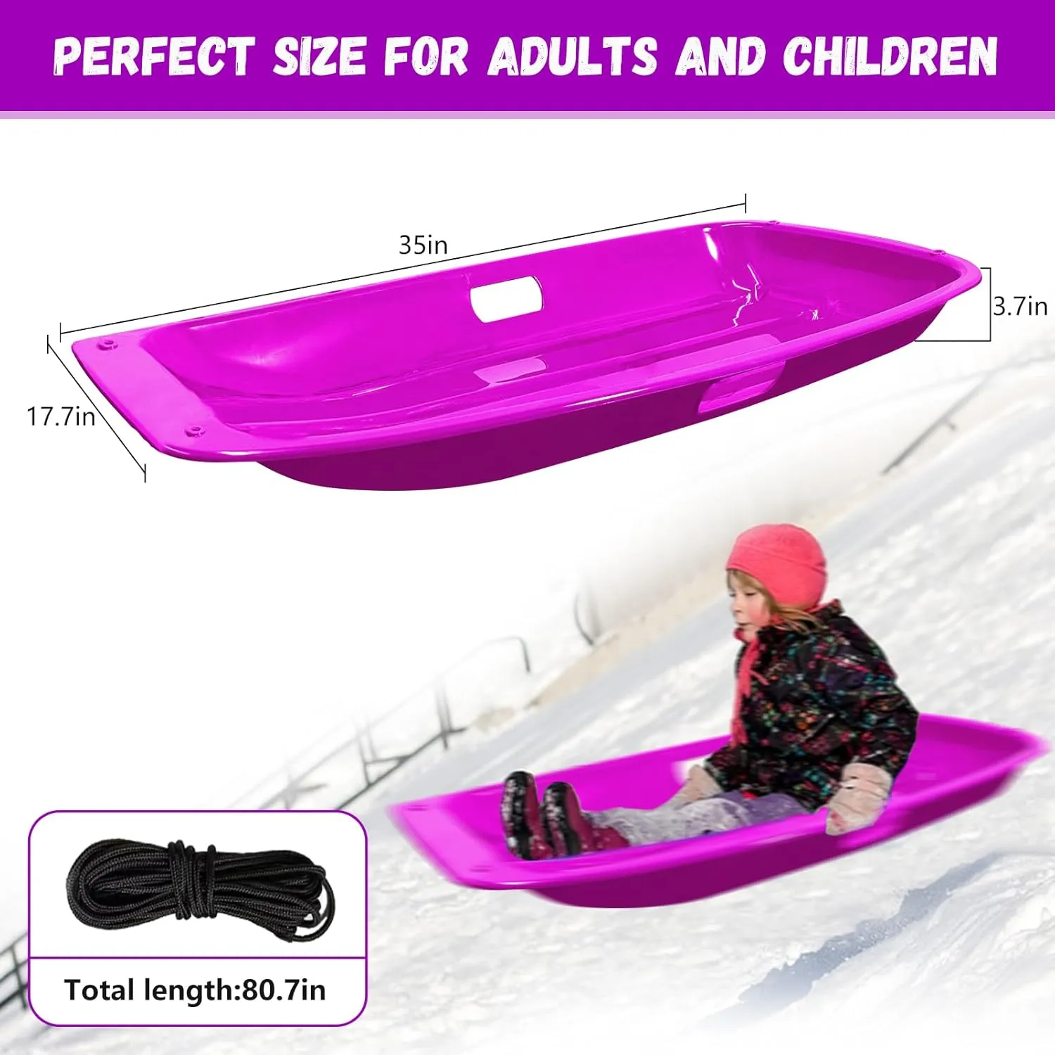 Snow Sled,Classical Plastics Snow Sled for Kid and Adult with Handles and Ropes 1-2 Rider for Winter Skiing Snowboard Outdoor Sledding Gift 35"