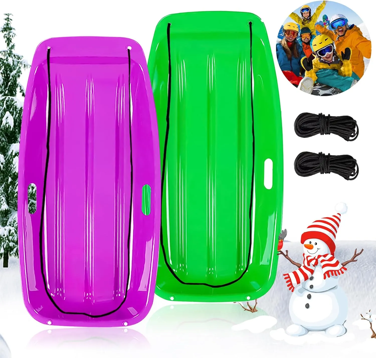 Snow Sled,Classical Plastics Snow Sled for Kid and Adult with Handles and Ropes 1-2 Rider for Winter Skiing Snowboard Outdoor Sledding Gift 35"