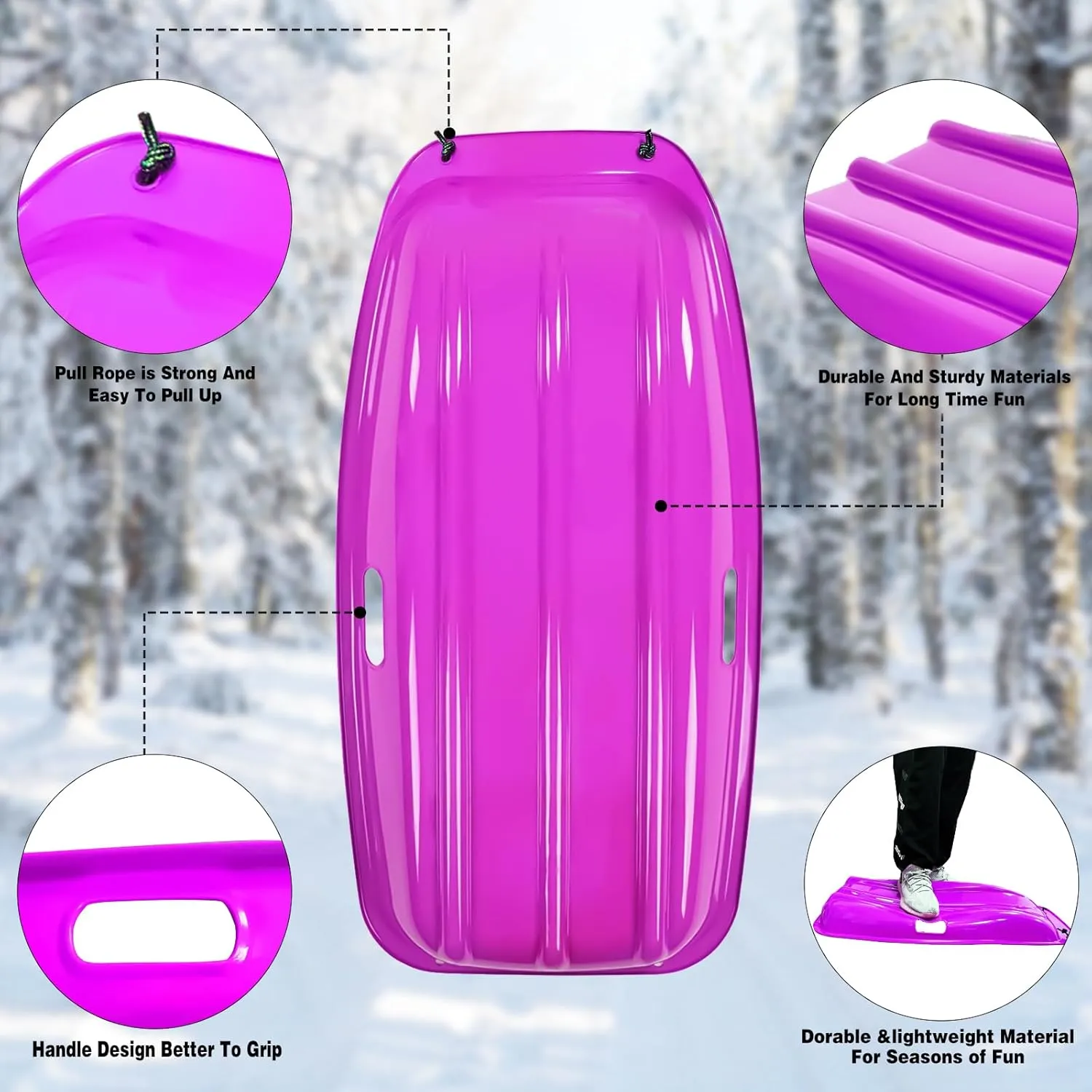 Snow Sled,Classical Plastics Snow Sled for Kid and Adult with Handles and Ropes 1-2 Rider for Winter Skiing Snowboard Outdoor Sledding Gift 35"
