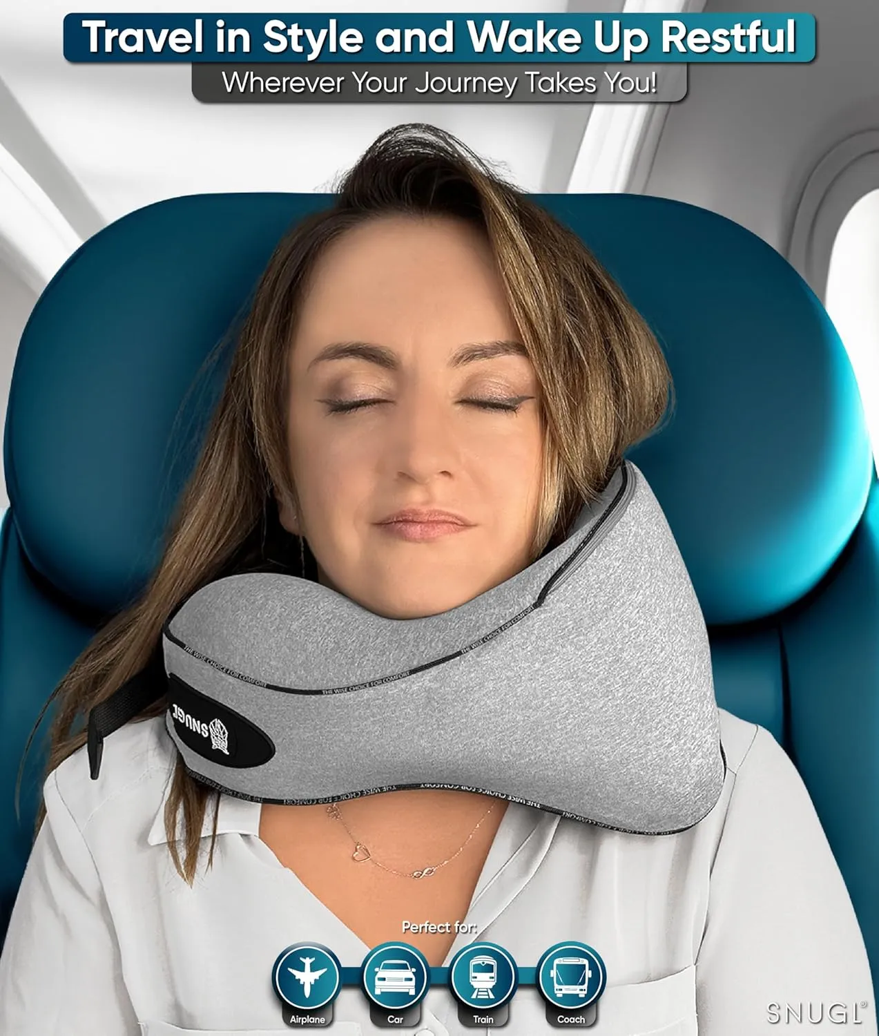 SNUGL Neck Travel Pillow - Memory Foam Airplane Pillow - Flight Pillow | Neck Support Travel Pillow with Carry Bag & Clip | Neck Pillows for Sleeping Travel Plane | Flying Travel Essentials - Grey