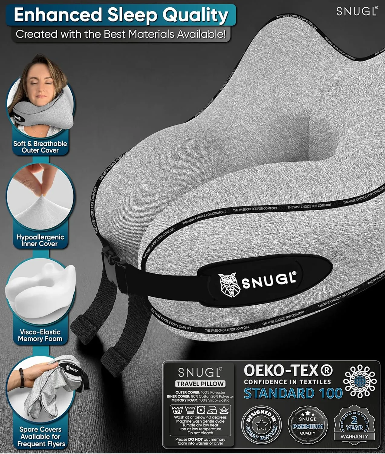 SNUGL Neck Travel Pillow - Memory Foam Airplane Pillow - Flight Pillow | Neck Support Travel Pillow with Carry Bag & Clip | Neck Pillows for Sleeping Travel Plane | Flying Travel Essentials - Grey