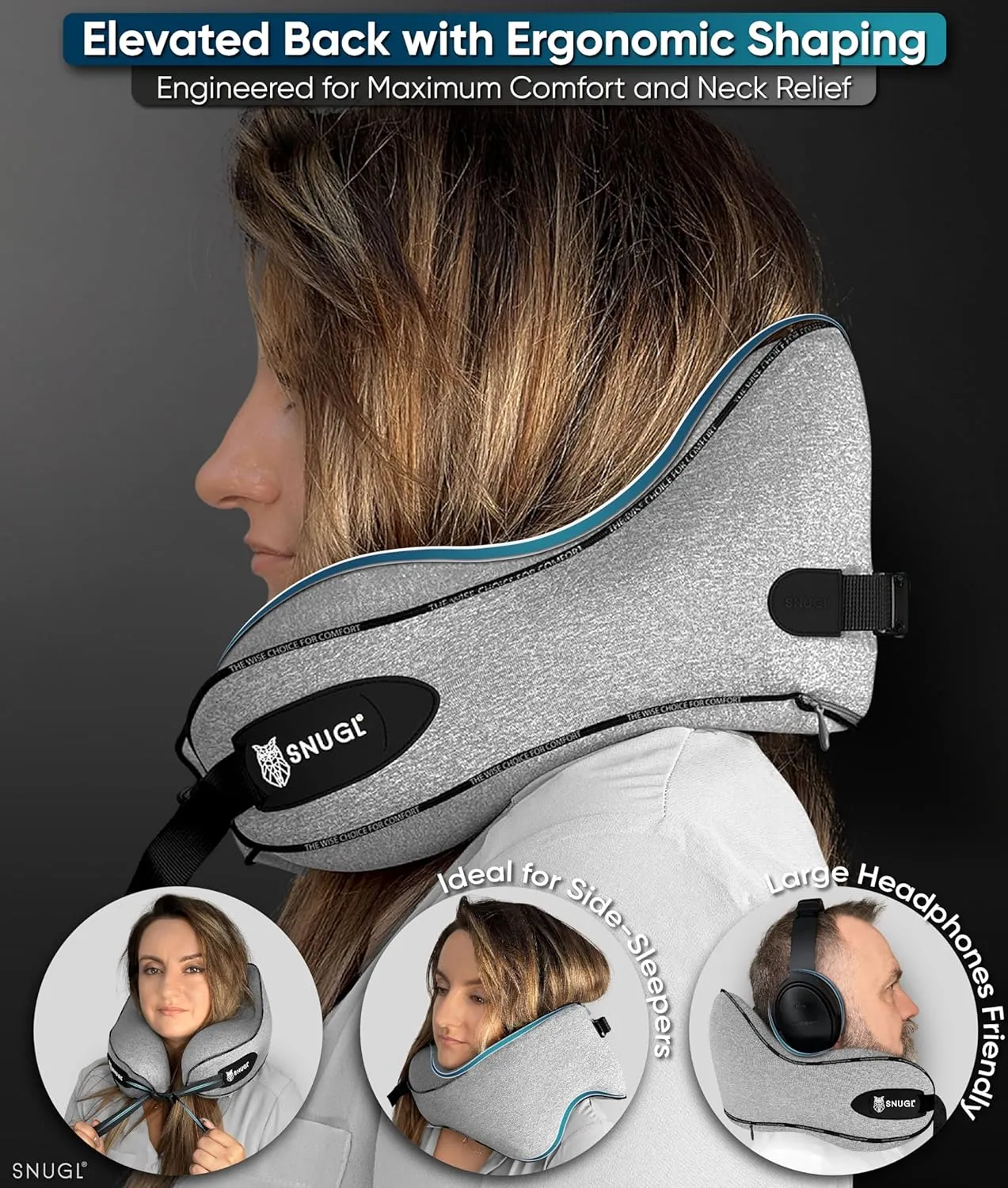 SNUGL Neck Travel Pillow - Memory Foam Airplane Pillow - Flight Pillow | Neck Support Travel Pillow with Carry Bag & Clip | Neck Pillows for Sleeping Travel Plane | Flying Travel Essentials - Grey