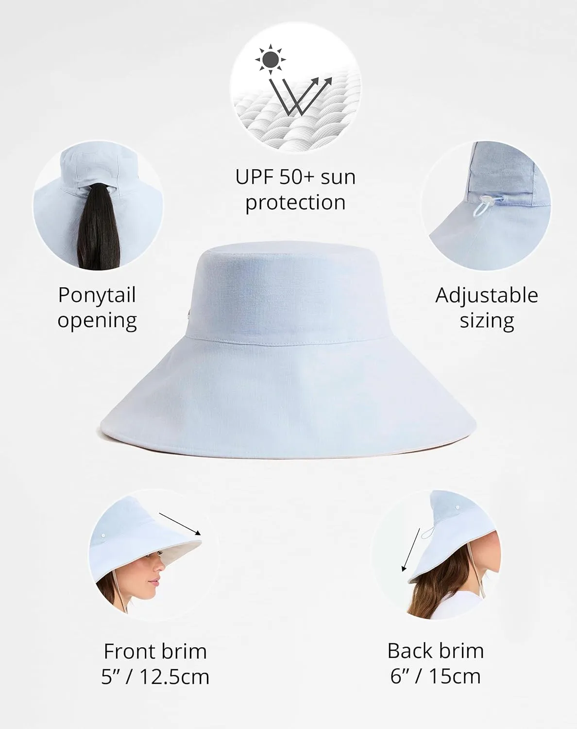 Solbari Women’s Ultra-Wide Cotton Linen Sun Hat UPF 50 , Packable, Adjustable with Ponytail Hole for Travel, Beach & Outdoors