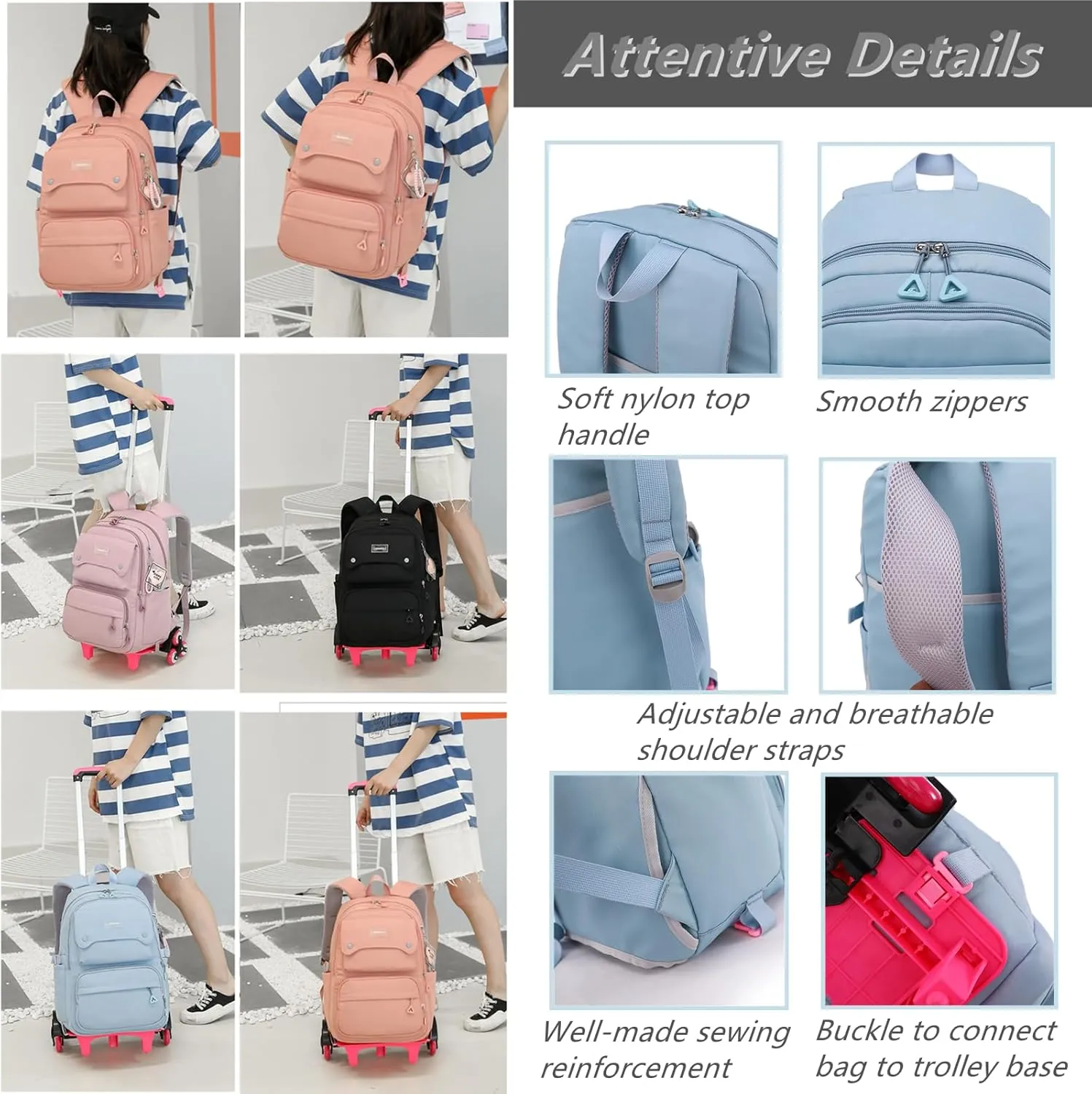 Solid-Color Rolling Backpack for Girls, Trolley Black Wheeled School Bag Girls Backpacks with 6 Wheels