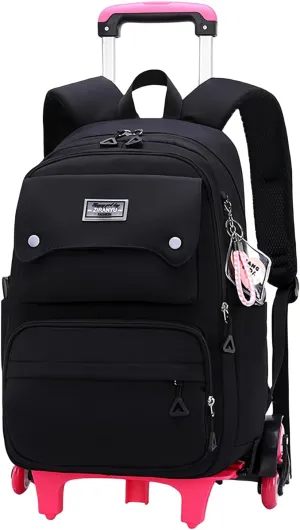 Solid-Color Rolling Backpack for Girls, Trolley Black Wheeled School Bag Girls Backpacks with 6 Wheels