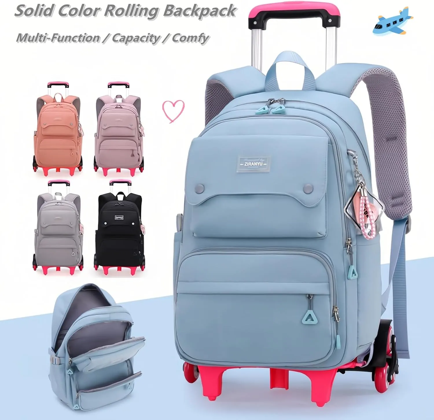 Solid-Color Rolling Backpack for Girls, Trolley Black Wheeled School Bag Girls Backpacks with 6 Wheels