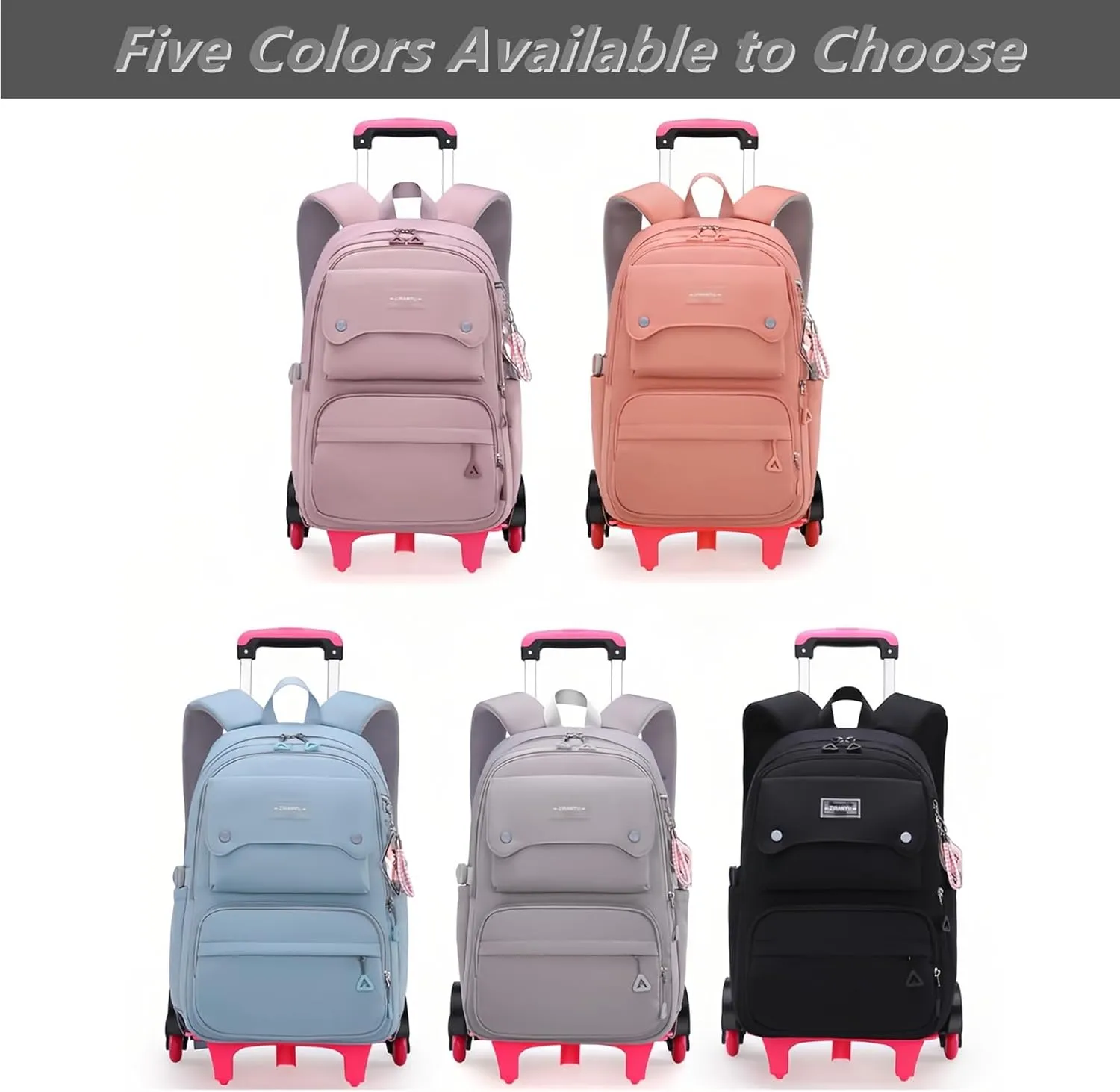 Solid-Color Rolling Backpack for Girls, Trolley Black Wheeled School Bag Girls Backpacks with 6 Wheels