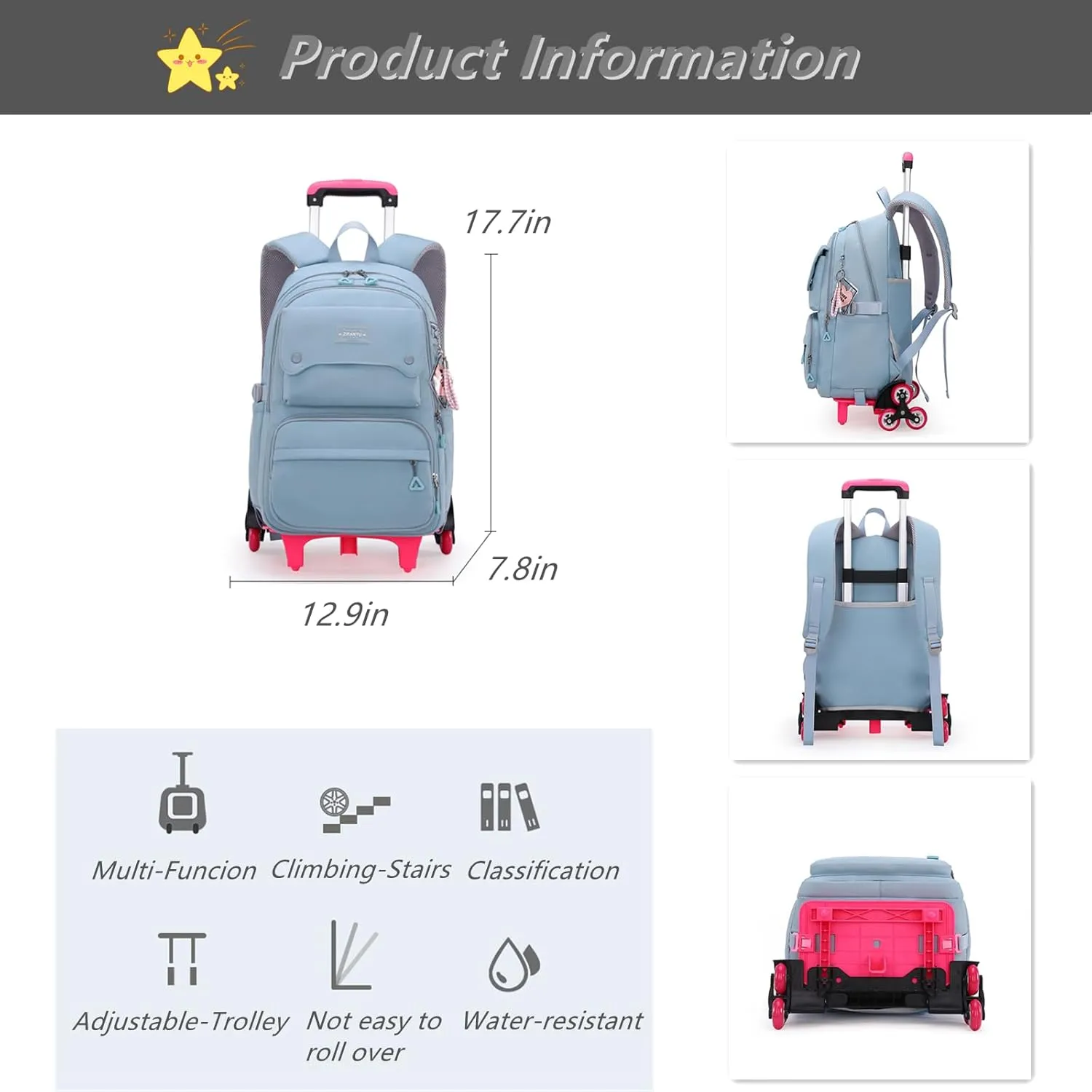 Solid-Color Rolling Backpack for Girls, Trolley Black Wheeled School Bag Girls Backpacks with 6 Wheels