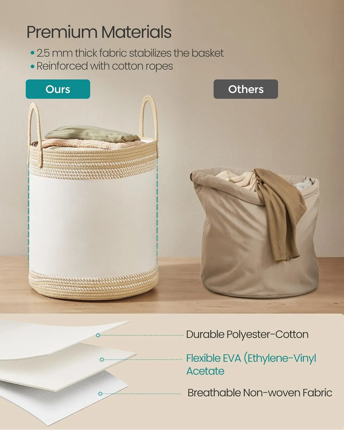 SONGMICS Laundry Hamper 60L, Laundry Basket with Handles, Laundry Bag with Lid, Cotton Rope, Drawstring, for Clothes, Blankets, Living Room, Bedroom, Camel Brown URLH060K01