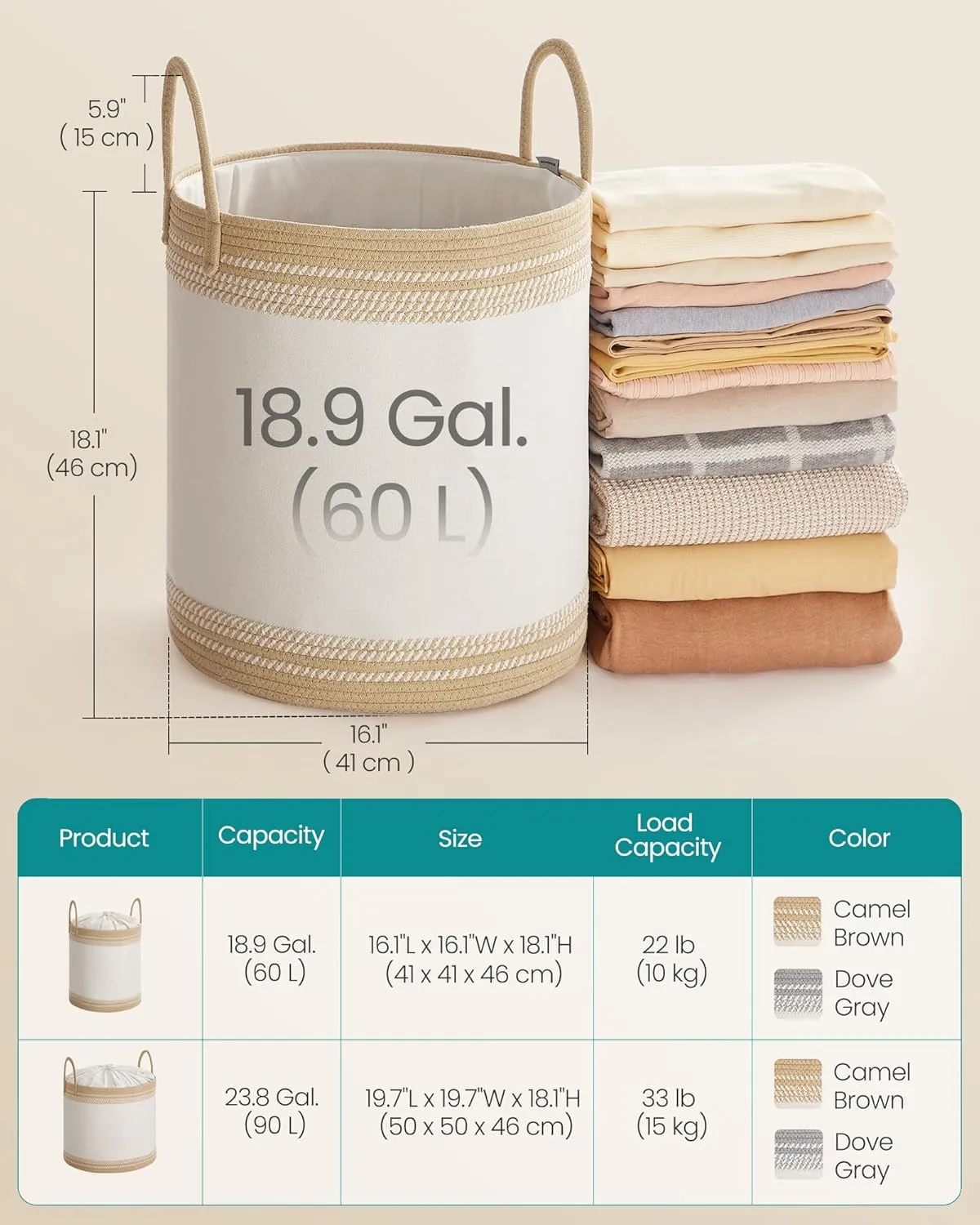 SONGMICS Laundry Hamper 60L, Laundry Basket with Handles, Laundry Bag with Lid, Cotton Rope, Drawstring, for Clothes, Blankets, Living Room, Bedroom, Camel Brown URLH060K01