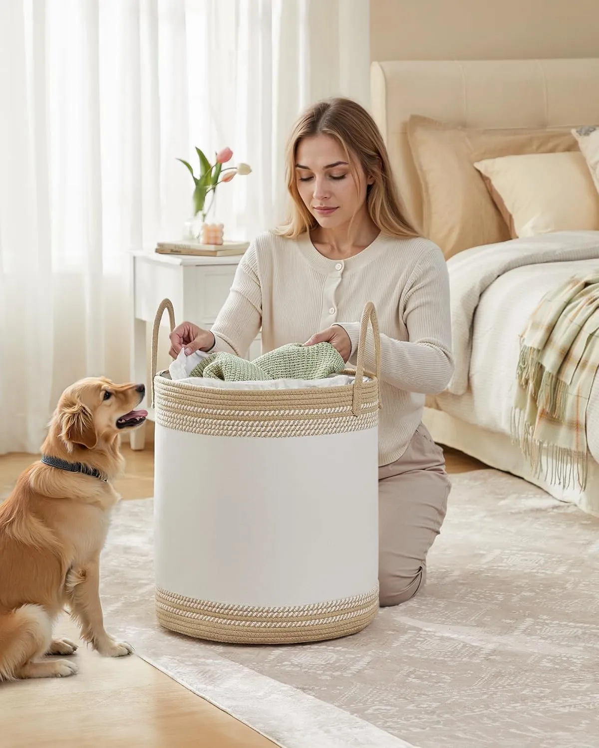 SONGMICS Laundry Hamper 60L, Laundry Basket with Handles, Laundry Bag with Lid, Cotton Rope, Drawstring, for Clothes, Blankets, Living Room, Bedroom, Camel Brown URLH060K01