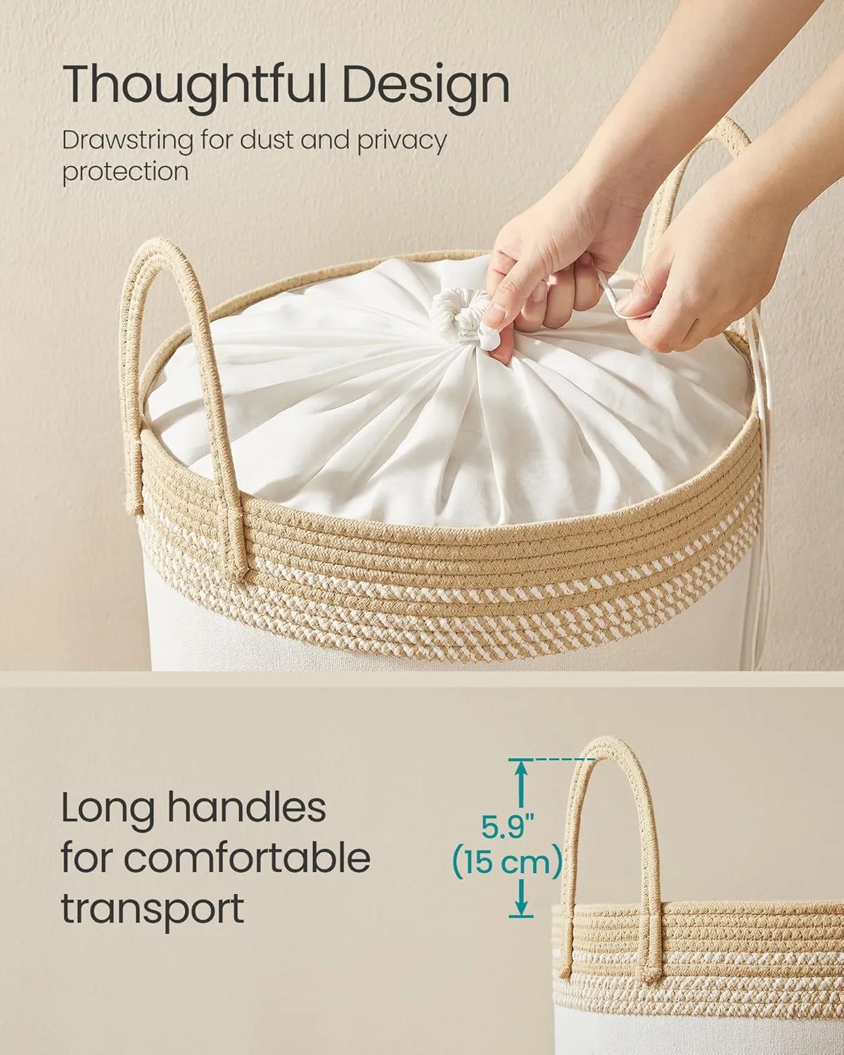 SONGMICS Laundry Hamper 60L, Laundry Basket with Handles, Laundry Bag with Lid, Cotton Rope, Drawstring, for Clothes, Blankets, Living Room, Bedroom, Camel Brown URLH060K01